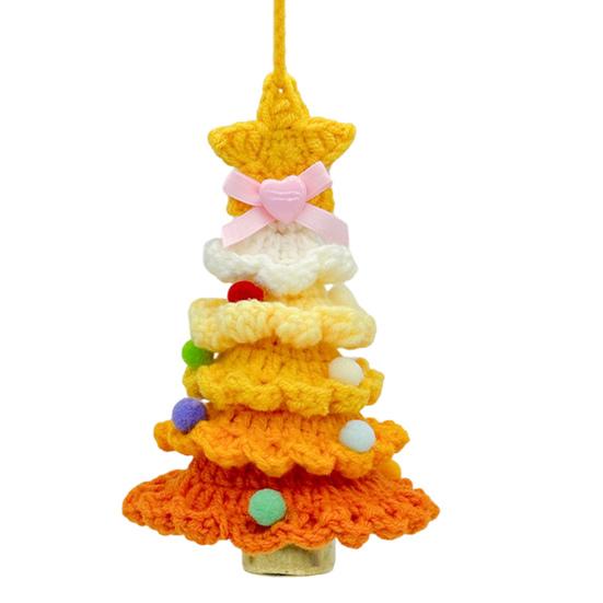 Handmade Knitted Christmas Tree Ornament with Multi-Layered Crochet Design Golden Bells Star Top Pom Pom Decor Holiday Decor