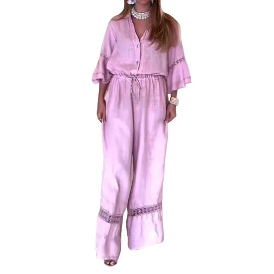 Damedresser med vide ben, knepping foran, V-hals, 3/4 volangermer, sommerlig og avslappet, snøring i midjen, heldekkende kjeledress, ettplagg