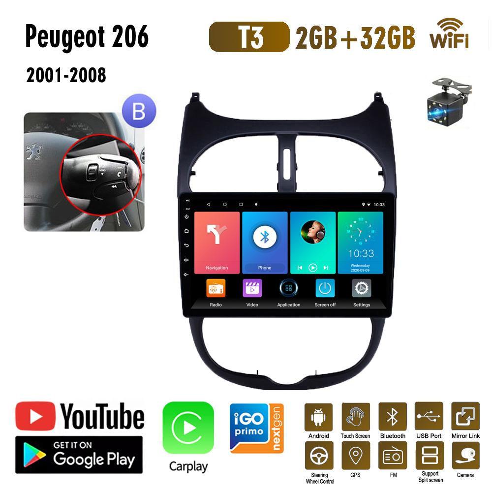 Radio samochodowe 2 + 32GB dla Peugeot 206 206CC 206SW 2000-2016 Citroen C2 2004-2008 odtwarzacz Android Carplay WIFI nawigacja GPS Stereo 2din