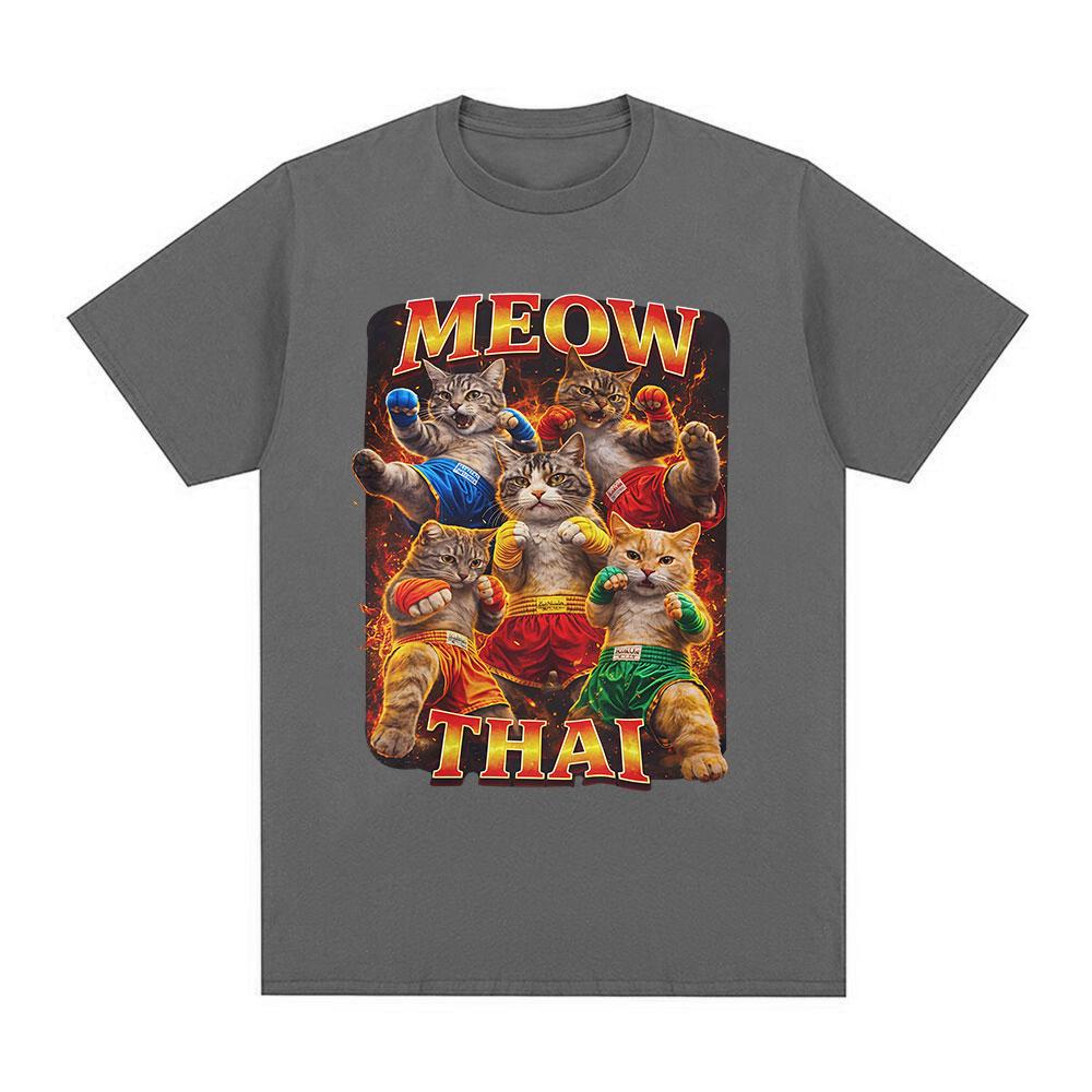 Meow Thai T-Shirt Muay Thai Katze Meme Ironisch Kampfsport Katze T-Shirts Herren Damen Sommer Mode Kurzarm Baumwolle T-Shirts