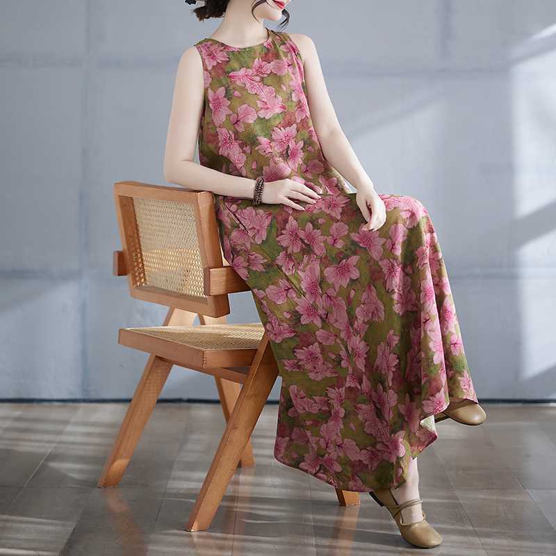 New Summer Bohemian Long Dress with A Fat and Oversized Sleeveless Round Neck Print