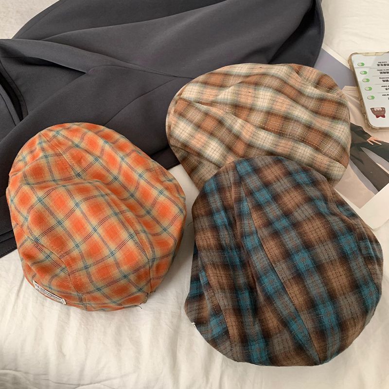 Japanese Retro Plaid Forward Hat for Women's Spring and Summer British Style Beret