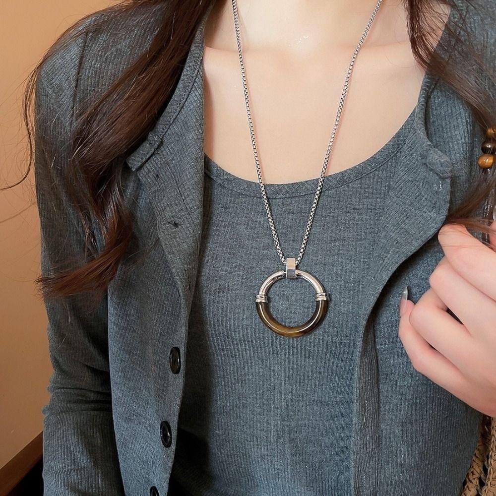 Splicing Amber Pendant Necklace Long Chain Minimalist Necklace Circle Pendant Necklace  Casual Wear