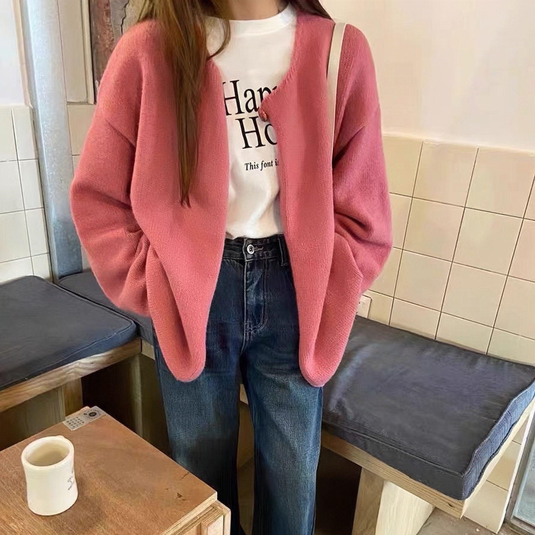 

Простой однопуговичный свитер Lazy Wind, куртка женская, весна-осень, свободный, для пожилых людей, универсальный, повседневный вязаный кардиган One Size роза розовый