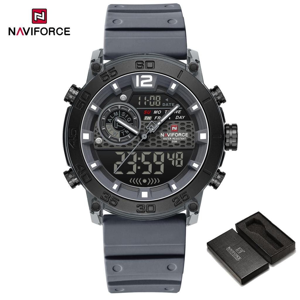 NAVIFORCE Men's Sports Watch Quartz Movement LCD Digital Watch Date Day Chronograph Waterproof Silicone Strap Boys Multifunctional Watch NF6104