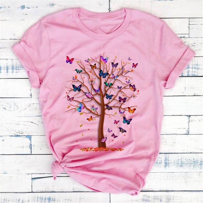 

Женская летняя футболка с принтом в виде бабочек и деревьев, в стиле ретро, с коротким рукавом, повседневная, с принтом, топы M розовый
