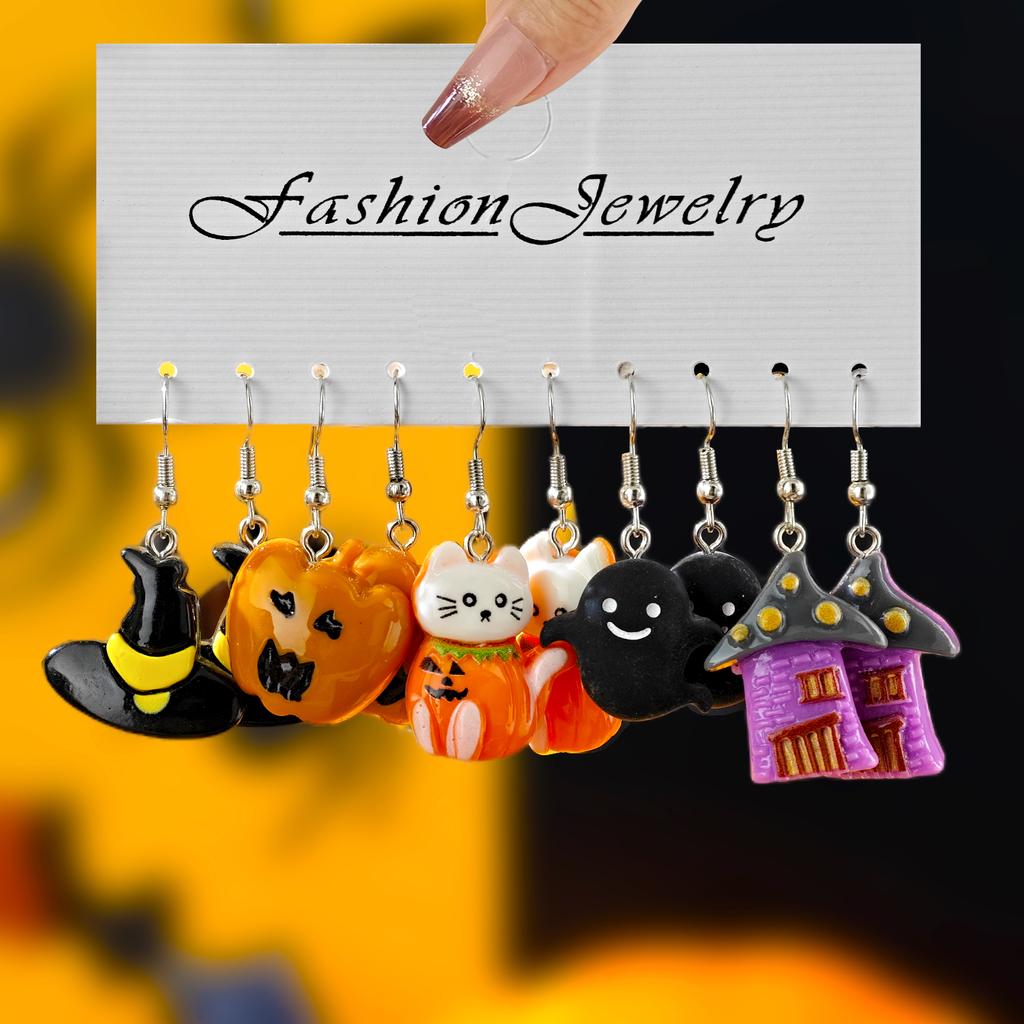 Neues Halloween Niedlich Lustig Kürbis Fledermaus Geist Schwarze Katze Spinne Hexenhut Harz Anhänger Ohrringe Halloween Geschenkset