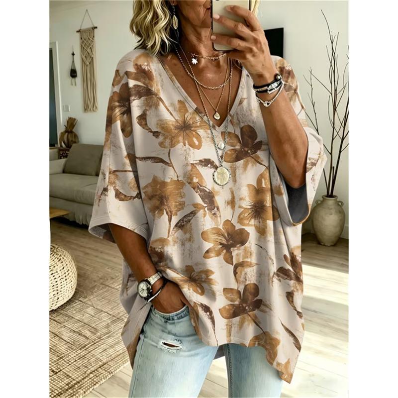 Damska Koszulka Plus Size z Dekoltem V i Rękawami nietoperzowymi Bohemian Etniczny Wzór Luźny Top Letni Wygodny Oddychający Codzienne Dojazdy Casualowy Model wyszczuplający
