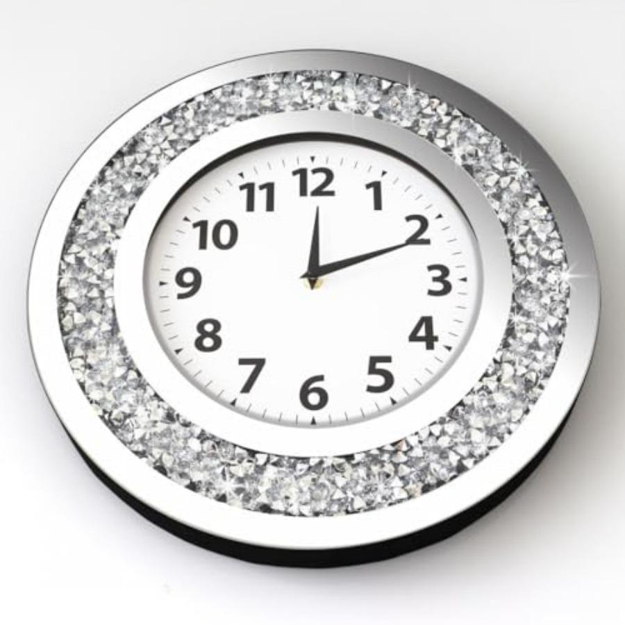 Crystal Crushed Diamond Mirrored Wall Clock 16x16 Inch Silver Glass Round Decorative Clock Silent Quartz Movement No Second Han