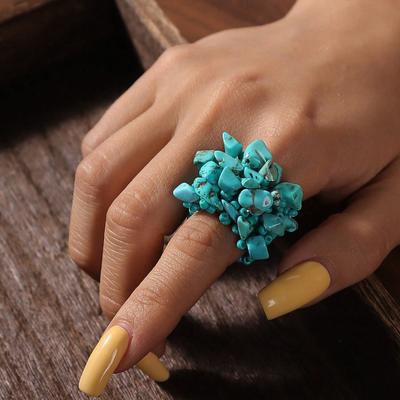 Anello largo intrecciato in pietre frantumate stile bohémien, elastico con perline, anello in pietra naturale, gioielli casual da donna per tutti i giorni.