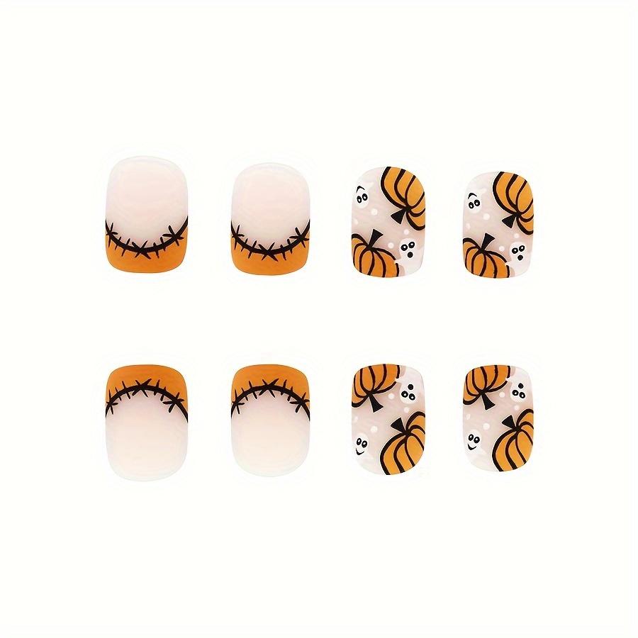 48pcs 2sets Halloween Themed Nail Tips - Orange Glossy Square Short Press-On Nails with Cute Pumpkin and Boo Pattern