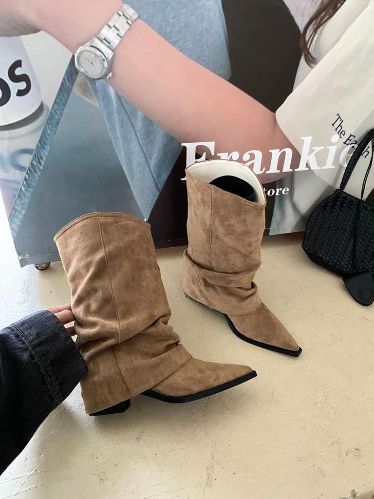 2025 spring new pointed retro suede design pleated piled boots soft leather thin trouser leg boots women
