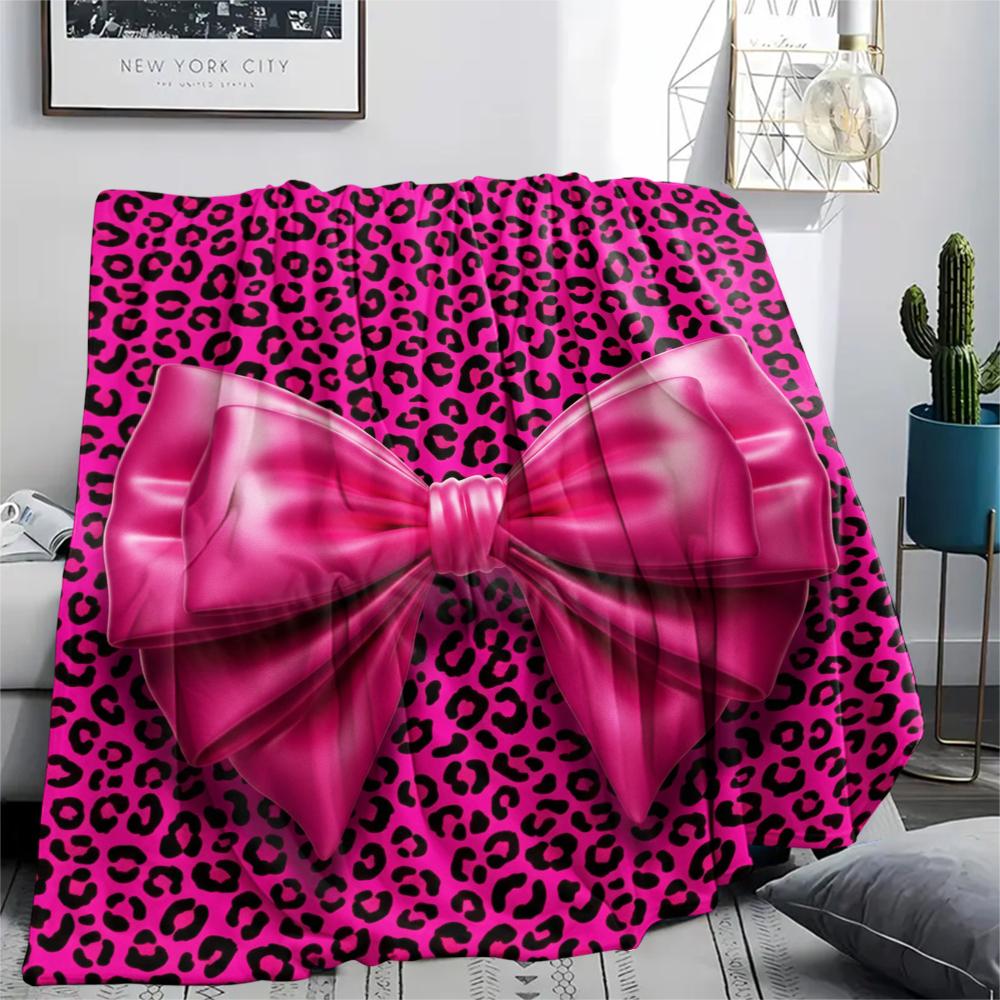 1Pc Pink&Black Bow Print Flannel Blanket, High quality Comfortable for All Seasons, Home Decor, Warmth and Comfort, Perfect for Christmas Gifts W28