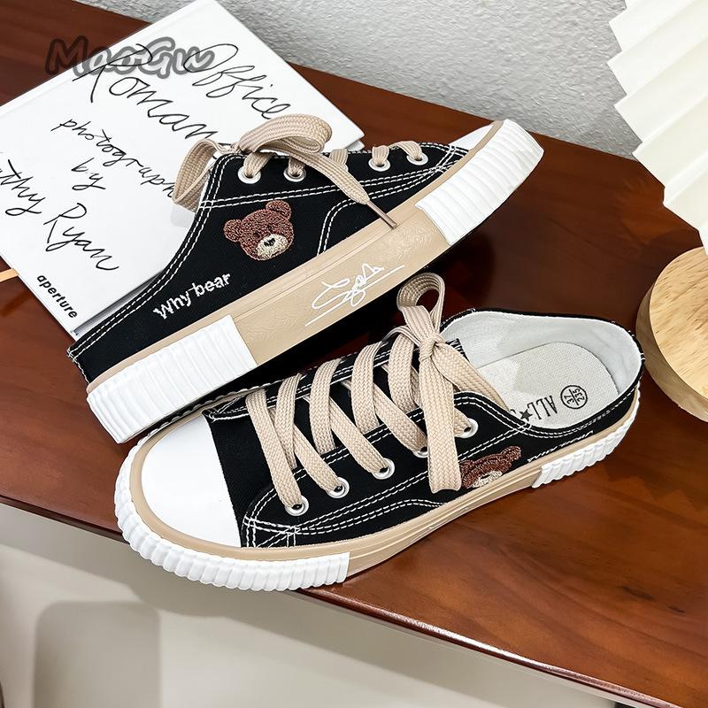 Fashion Spring Summer Slip-On Women Canvas Bear Casual Slippers Lace Up Ladies Vulcanized ShoesWomen's Outwear Sneakers Flat with Size40