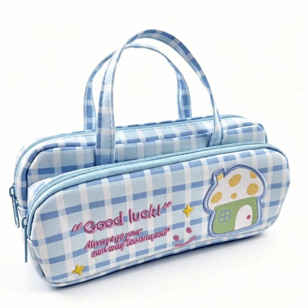 Double Layer Pencil Case Plaid Pattern Stationery Holder Durable Pencil Box School Stationery