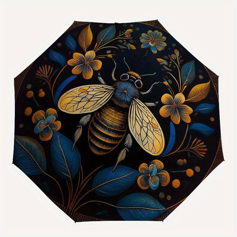 Golden Bee & Floral Circular Wall Art DecorUmbrella with Cute Design, Portable 3-Fold Compact Umbrella for Men & Women, Valentine's Day Mother's Day H