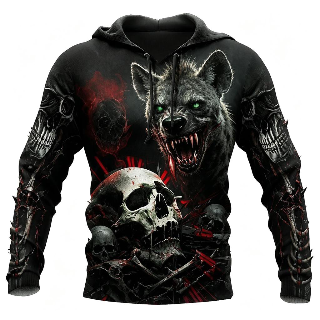 Women's Roaring Grizzly Bear Skull Thorn Print Hoodie Drawstring Pocket Horror Gothic Streetwear Pullover Sweatshirt