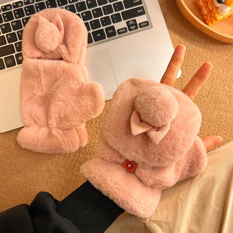 Cute Plush Rabbit Flip Open Finger Half Finger Plush Thickened Girl Cold