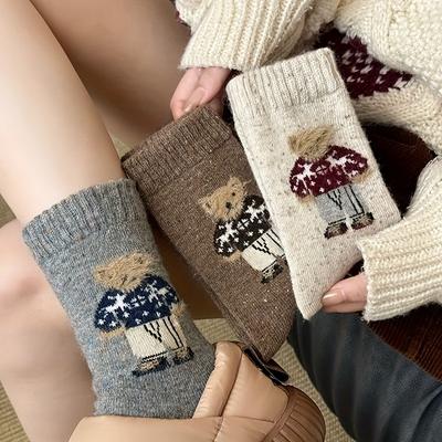 5 Paar Socken für Mädchen, Cartoon Niedlicher Kleiner Bär Wadenhohe Socken, Verdickt für Herbst und Winter, Warme Woll-Slouch-Socken, Neuer Stil So