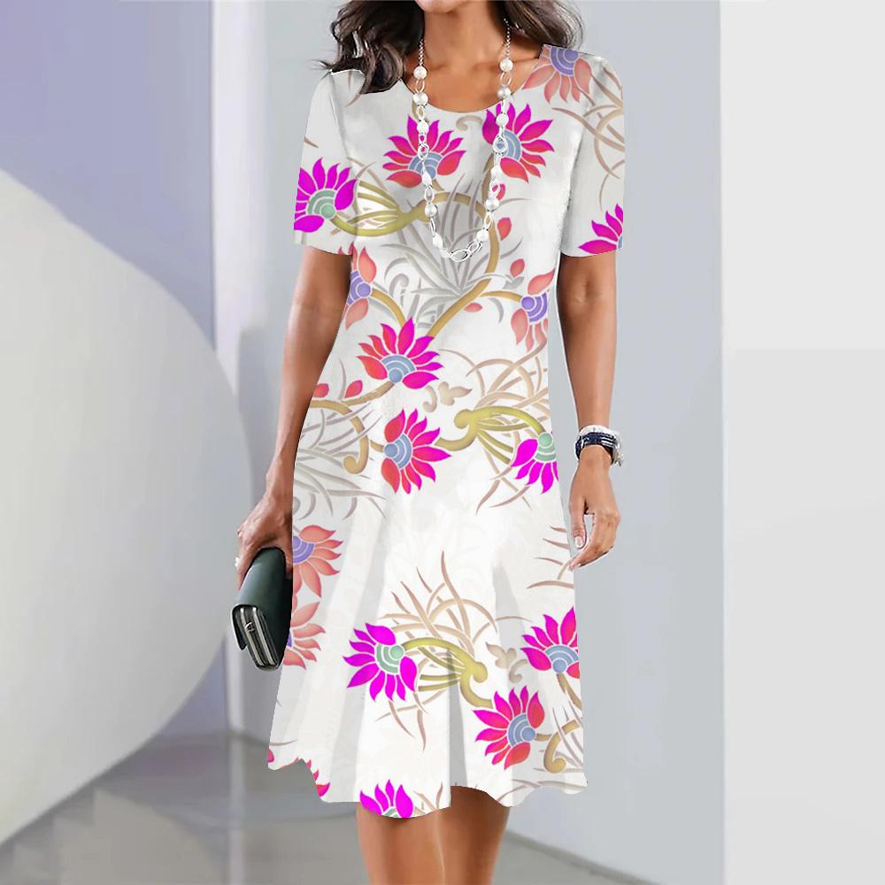 Summer Women's Long Dress Round Neck Long Dress Female Dress Vacation Beach Casual Short Sleeve Elegant Loose Dress