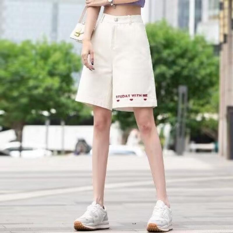 Embroidered Pink Five-point Denim Shorts for Women Korean Summer New Loose Casual Mid-tube A-line Wide-leg Pants
