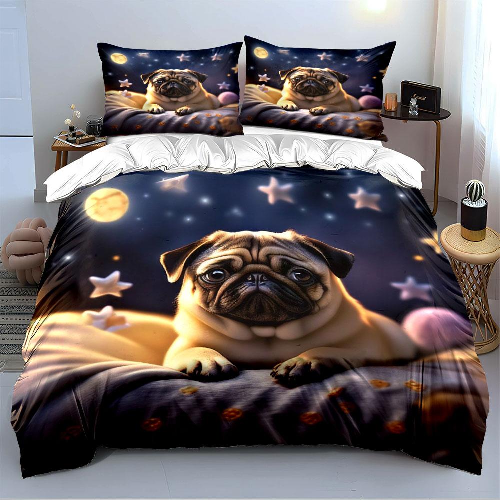 Adorable Pug with Starry Night Bedding Duvet Cover Set  (1*Duvet Cover 2*Pillowcases, Without Duvet Insert)