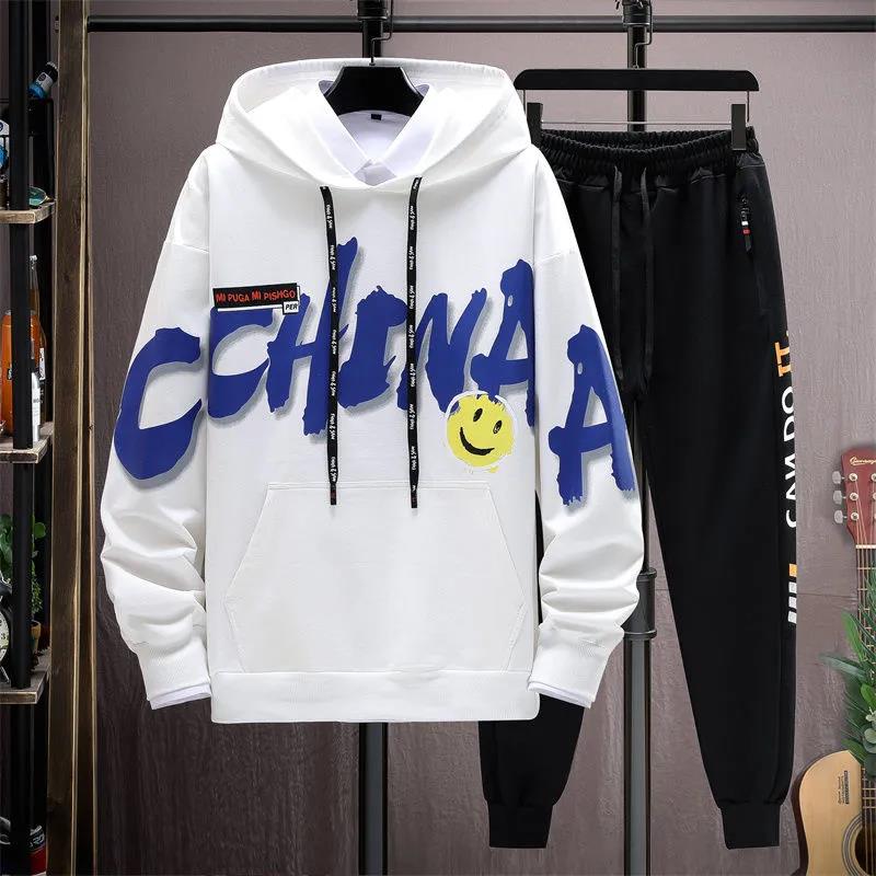 

Костюм-свитер для подростка-студента, свитер с капюшоном и повседневные брюки, спортивный костюм для школьников на весну и осень M белый