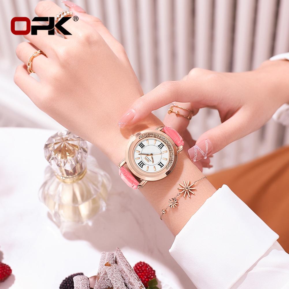 OPK 8611 Fashion Quartz Watch for Lady Diamond Bezel Leather Strap Waterproof Luminous Original Women's Dress Wristwatch