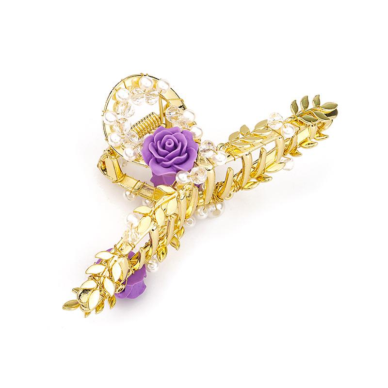 Rose Flower Shark Clip, Mori Shell Flower Leaf Diamond Pearl Gentle Shark Clip Backhead Grab Clip