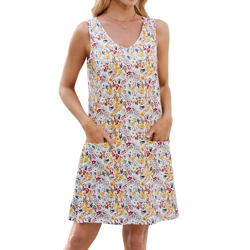 Damen Sommer V-Ausschnitt Ärmellos Floral Westenkleid Taschenkleid