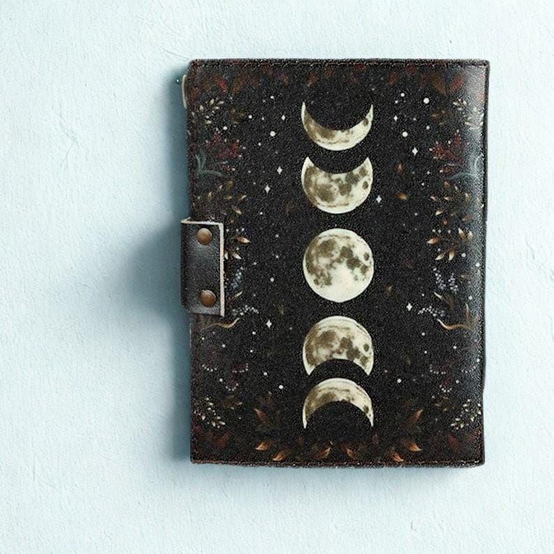 Vintage Leather Journal, Moon Phase Handmade Fat Leather Journal, Blank Spell Book of Shadows, Sketchbook, Gifts For Him Her