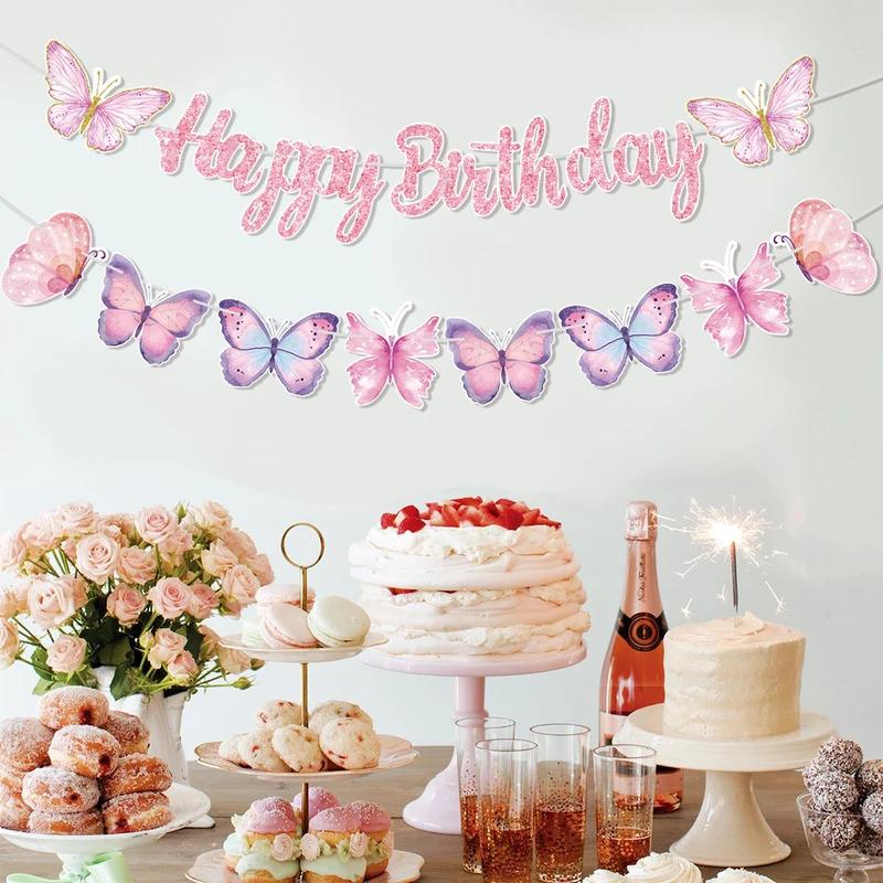 Butterfly Theme Happy Birthday Banner - Dance Pendant Design, Party Decorations, Happy Birthday Photo Props