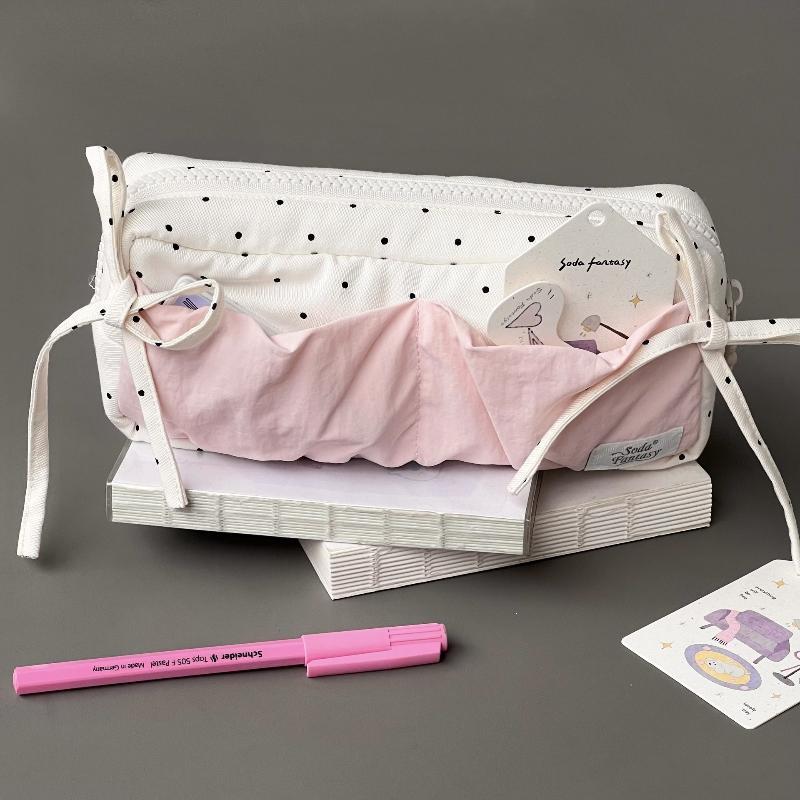 Tear Resistant Large Capacity Stationery Bag Polka Dot Bow Portable Student Pencil Pouch for School Use