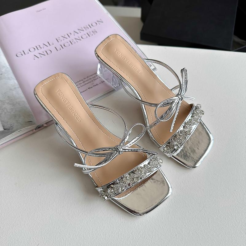 Pearl Bow Slippers 2024 Summer New Outer Wear Slippers Women High Heel Sandals Ladies Stiletto All-match Open Toe Roman Shoes