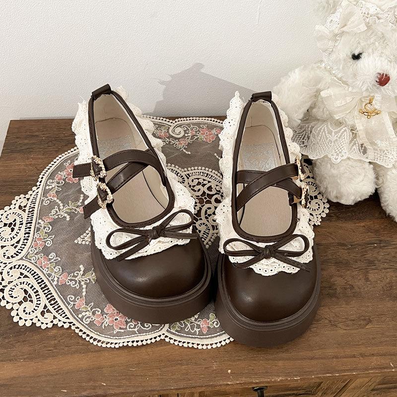 

Bow versatile with skirt Mary Jane single shoes 2025 spring new platform small leather shoes women s Lolita lace 40 коричневый