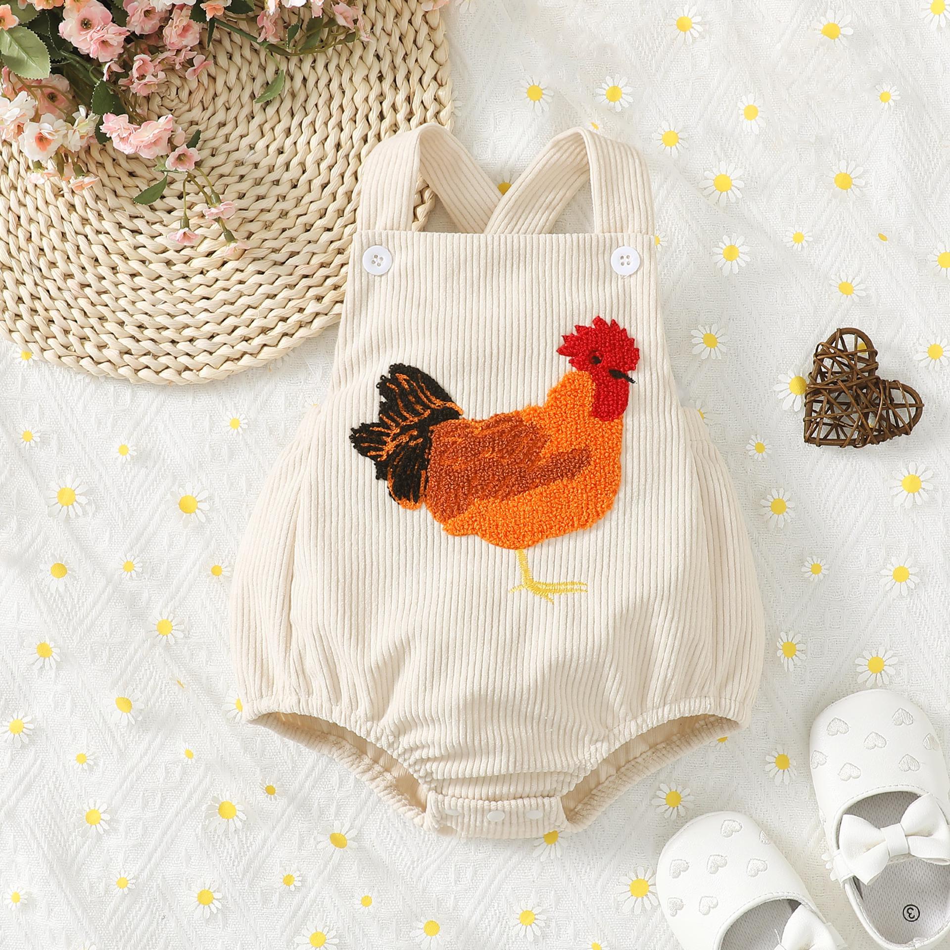 Unisex Multi-color Rooster Embroidery Suspender Romper for Babies and Toddlers 0-3 months
