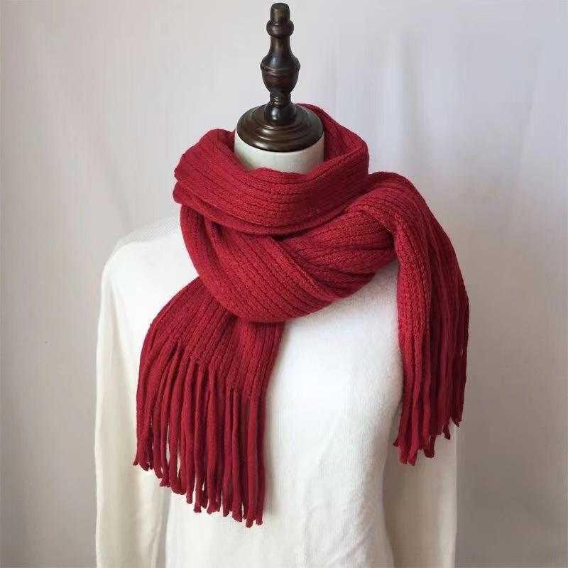 Winter Student Korean Version Versatile New Knitted Couple Thickened Warm Wool Men Solid Color Tassel Scarf Women