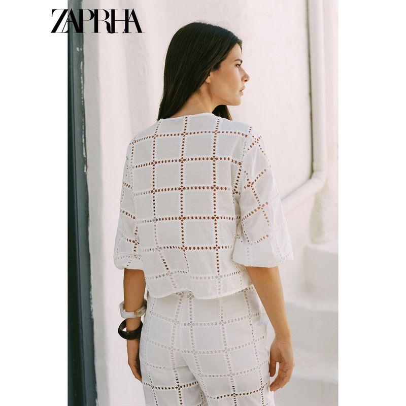Zaprha 2025 Summer New Fashion Hollow Embroidered Short Round Neck V-neck Puff Sleeve Shirts 8741244