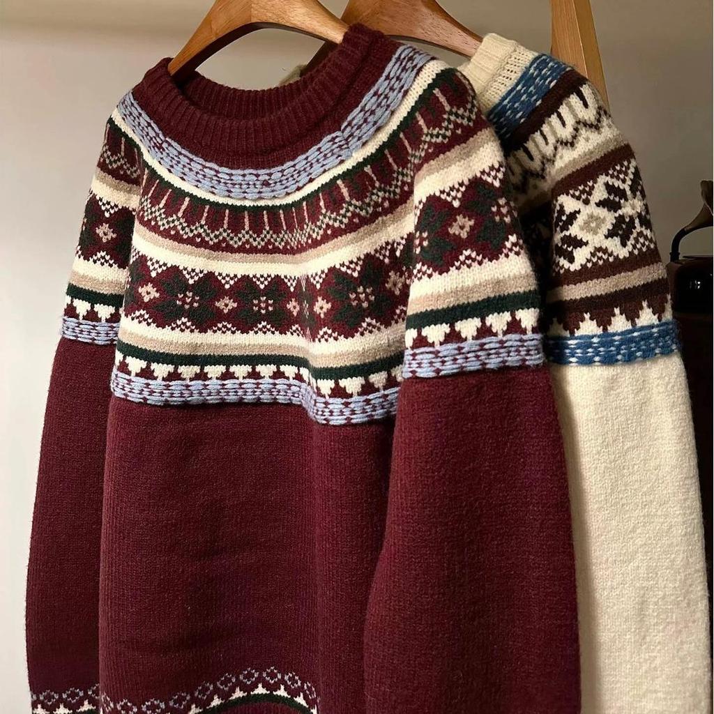 Trendy American Fair Isle Round Neck Sweater - Cozy Autumn/Winter Casual Knit for Couples
