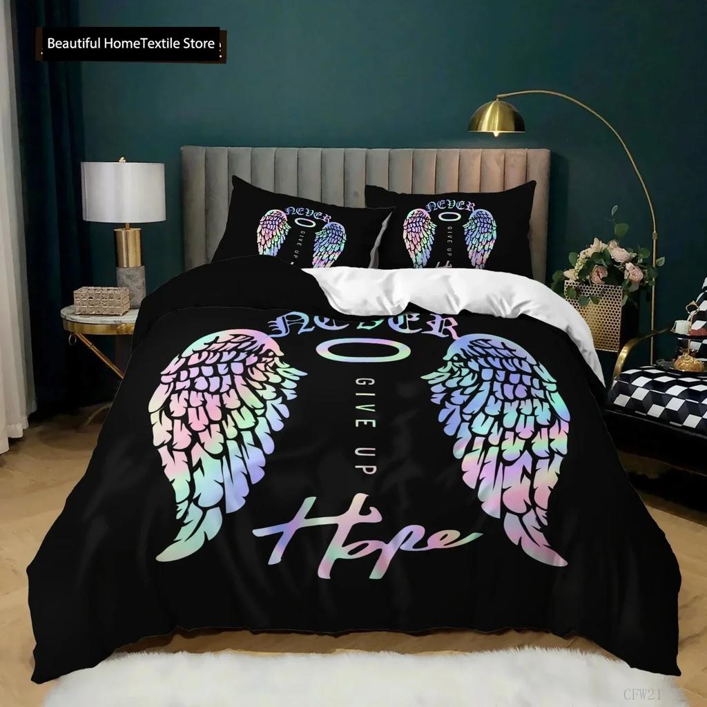 Angel Wings Duvet Cover Set Black Background Bright Orange Wing 3D Print Comforter Cover King Queen Size Polyester Bedding Set