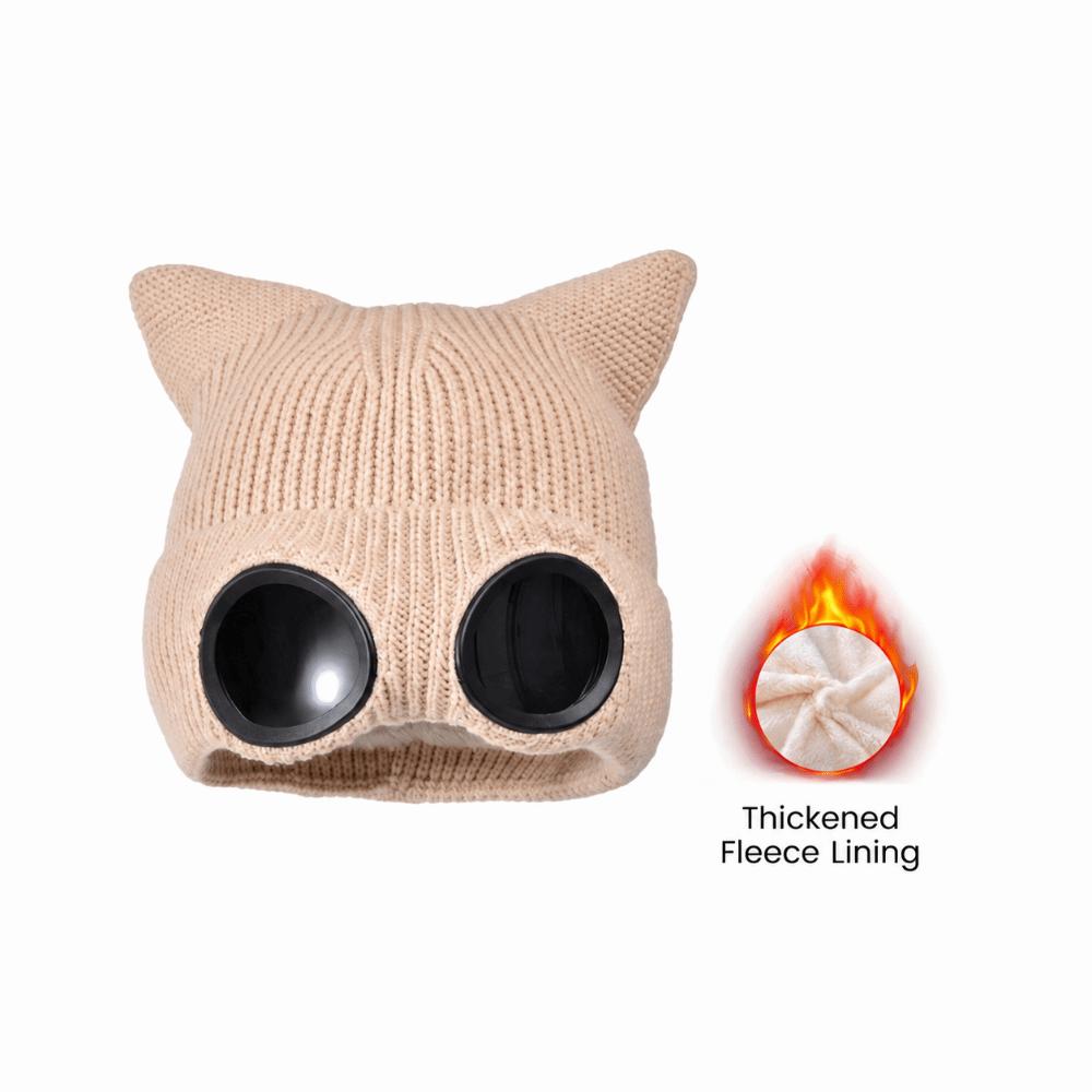 Plush Lining Winter Beanie Windproof Skullies Hat Fashion Knitted Goggles Hat for Women
