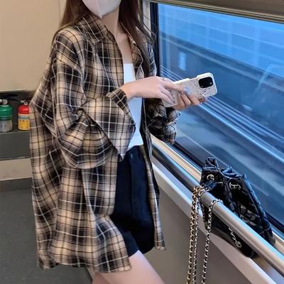 Black Plaid Shirt for Ladies Summer Autumn Design One Pocket Long Sleeve Blouses Single Breasted Casual Loose Clothes