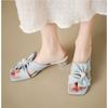 Square Toe Women Slippers Bow Heeled Sandals Loafers Shoes Woman 2026 Fashion Summer Shallow Dress Comfort Soft Leather Slides