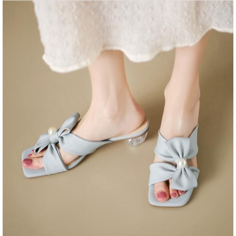 Square Toe Women Slippers Bow Heeled Sandals Loafers Shoes Woman 2026 Fashion Summer Shallow Dress Comfort Soft Leather Slides