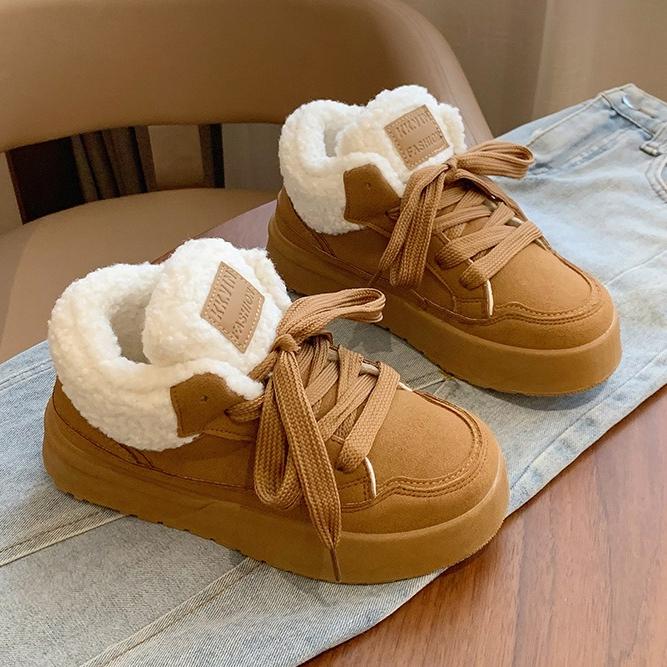 Platform Lace-Up Plush Shoes Women's Winter Outdoor Faux Fur Lined Thickened Anti-Slip Low Top Snow Boots Casual Sneakers