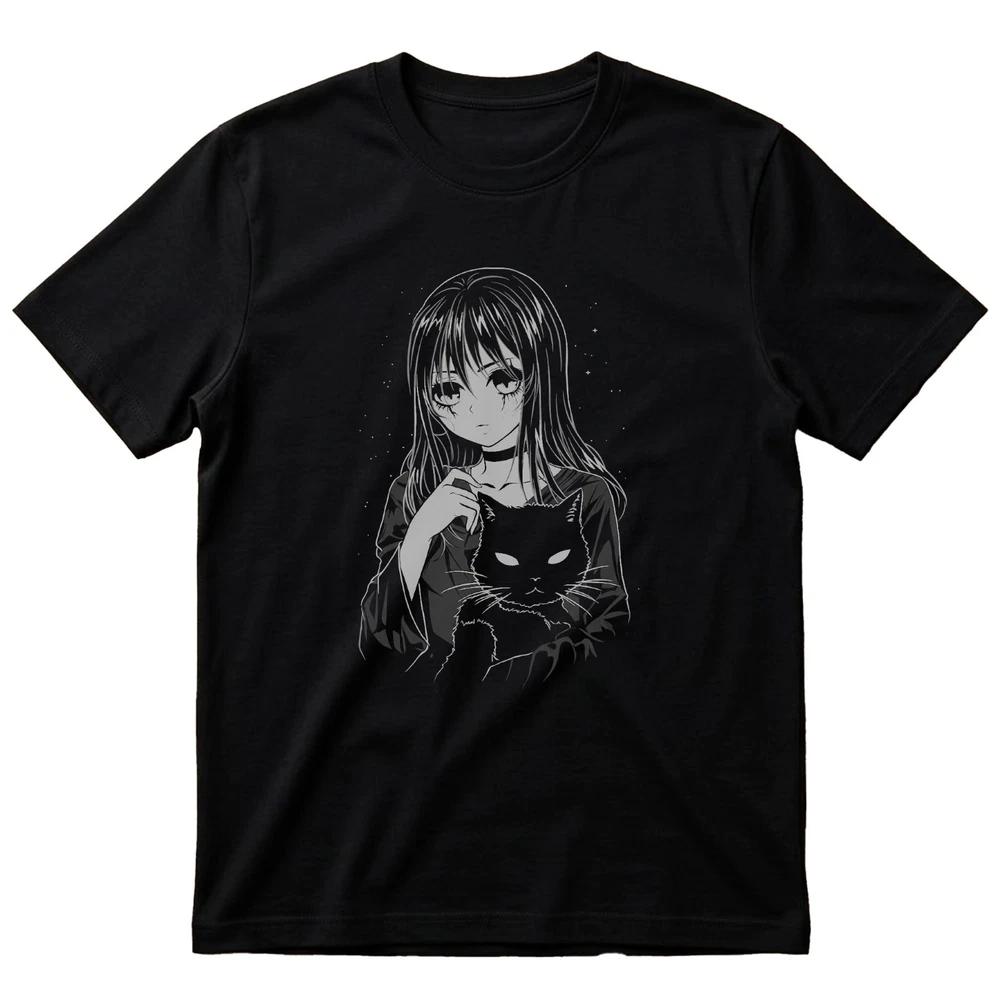Anime T Shirt Scary Girl and Cat Regular Fit Cotton TShirt Gift For Her