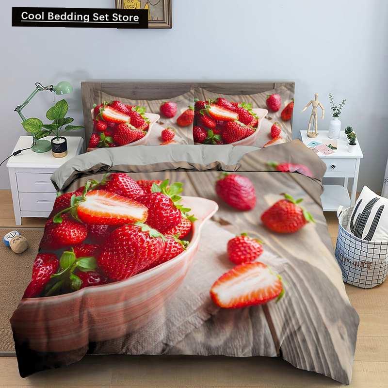 Red Strawberry Cute Bedding Set 3D Pink Lovely Summer Fruit Duvet Cover King Queen For Kids Girls 2/3Pcs Polyester Quilt Cover
