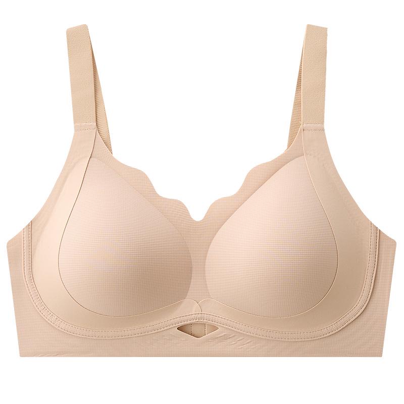 Hollow Lace Seamless Push-Up Bra for Women with Large Breasts, Slimming Effect, Side-Fat Gathering, Wire-Free, Fixed Cup, Nude Feel XL