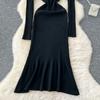 Autumn Winter Women V-neck Full Sleeve Casual Knitted Pullover Sweater Long Midi Dresses