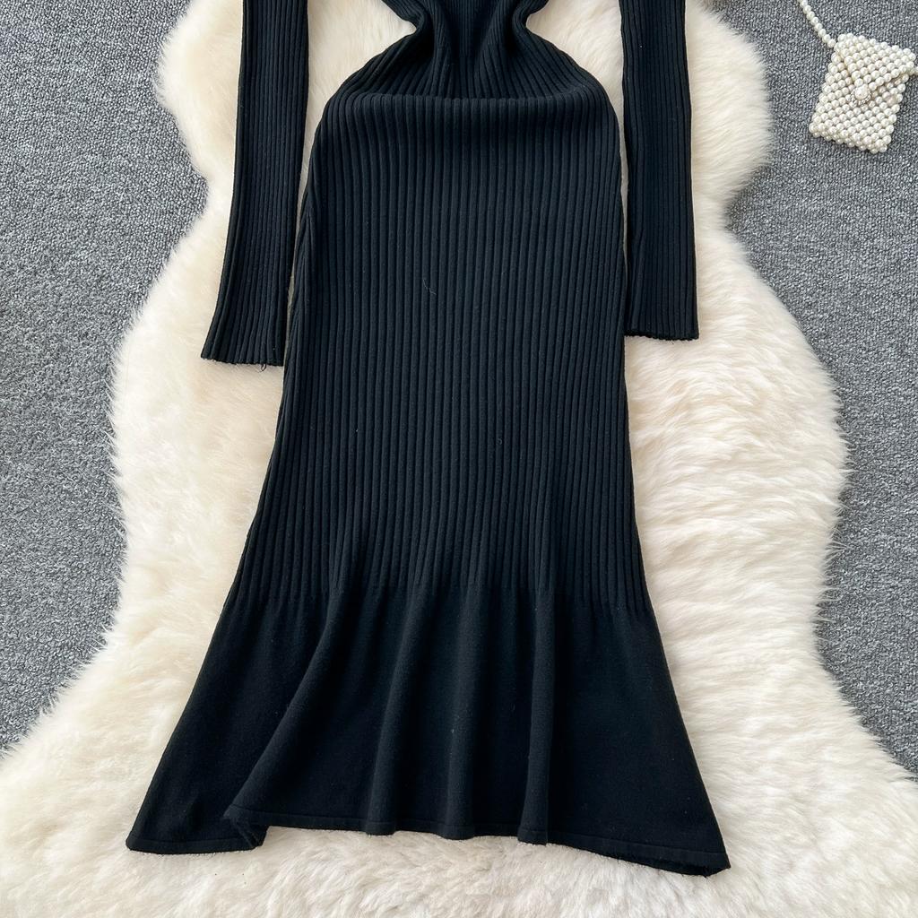 Autumn Winter Women V-neck Full Sleeve Casual Knitted Pullover Sweater Long Midi Dresses